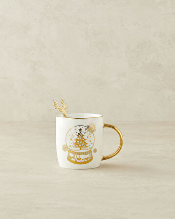 Snow Globe New Bone China Kaşıklı Yılbaşı Kupa 360 ml Gold