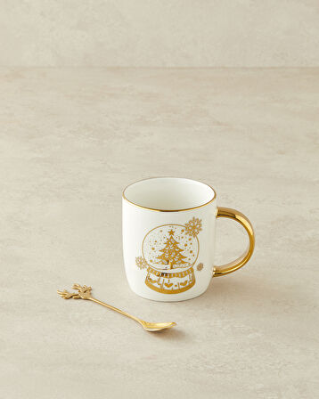 Snow Globe New Bone China Kaşıklı Yılbaşı Kupa 360 ml Gold