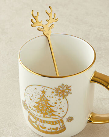 Snow Globe New Bone China Kaşıklı Yılbaşı Kupa 360 ml Gold
