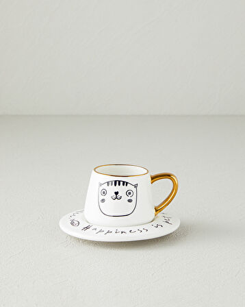 Cute Cat New Bone China 2 Parça 1 Kişilik Kahve Fincan Takımı 90 ml Siyah-Gold