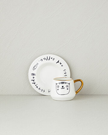 Cute Cat New Bone China 2 Parça 1 Kişilik Kahve Fincan Takımı 90 ml Siyah-Gold