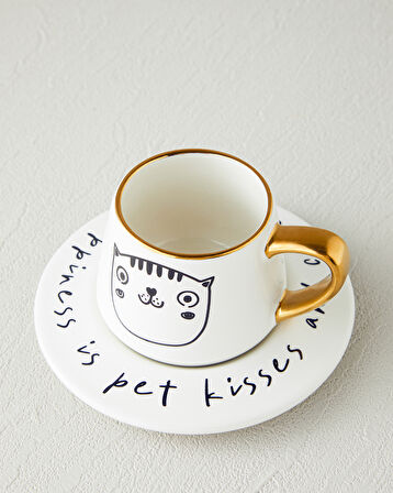 Cute Cat New Bone China 2 Parça 1 Kişilik Kahve Fincan Takımı 90 ml Siyah-Gold