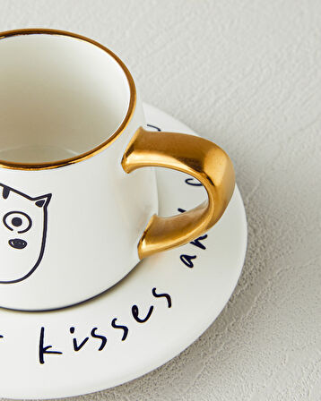 Cute Cat New Bone China 2 Parça 1 Kişilik Kahve Fincan Takımı 90 ml Siyah-Gold