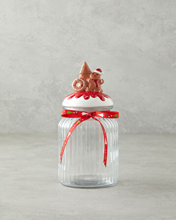 Ginger Glaze Cam Kavanoz 600 ml Beyaz - Kırmızı