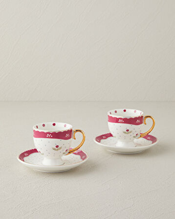 Retro Flowery New Bone China 4 Parça 2 Kişilik Kahve Fincan Takımı 100 ml Beyaz - Bordo