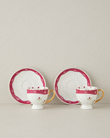 English Home Retro Flowery New Bone China 4 Parça 2 Kişilik Kahve Fincan Takımı 100 ml Beyaz - Bordo