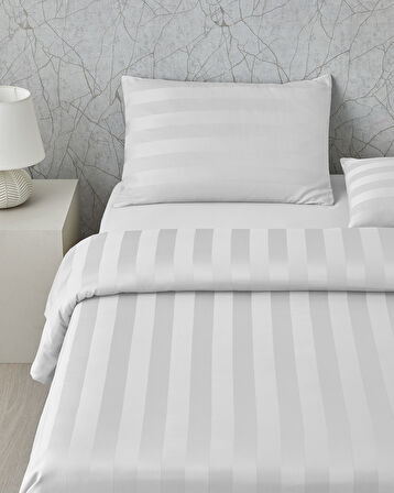 Deluxe Çizgili Pamuk Saten Super King Nevresim Takımı 260x220 cm Kırık Beyaz
