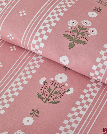 English Home Retro Flower Pamuklu Çift Kişilik Nevresim Seti Pembe