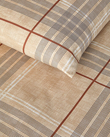 Natural Plaid Kolay Ütülenir Çift Kişilik Nevresim Takımı 200x220 cm Koyu Bej