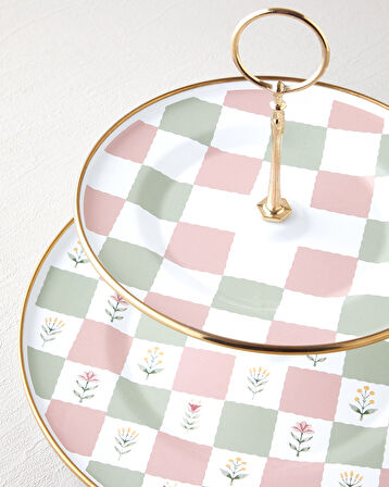 English Home Retro Pure Emaye Katlı Servis 21x29 cm Pembe - Yeşil