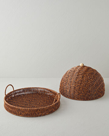 Boho Plastik Rattan Sunumluk 33x33x18 cm Kahverengi
