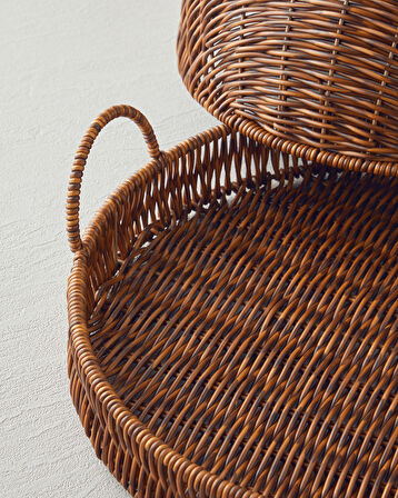 Boho Plastik Rattan Sunumluk 33x33x18 cm Kahverengi