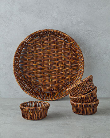 Boho Plastik Rattan 5 Parça Sunumluk 27x27x5 Cm Kahverengi