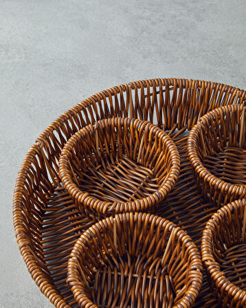 Boho Plastik Rattan 5 Parça Sunumluk 27x27x5 Cm Kahverengi