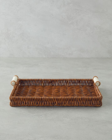 Boho Plastik Rattan Tepsi 30x22x3 Cm Kahverengi