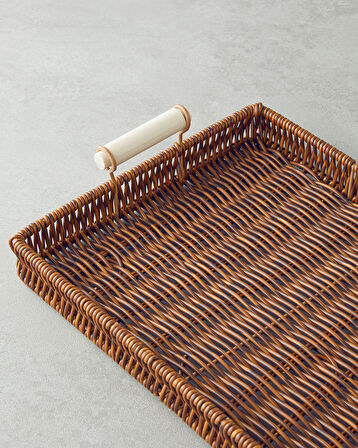 Boho Plastik Rattan Tepsi 30x22x3 Cm Kahverengi