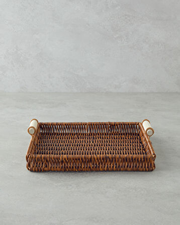 Boho Plastik Rattan Tepsi 26x26x3 cm Kahverengi