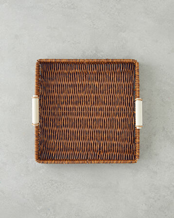 Boho Plastik Rattan Tepsi 26x26x3 cm Kahverengi