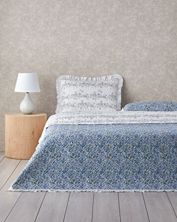 Blossom Stripe Çok Amaçlı King Size Yatak Örtüsü Takımı 240x220 cm Mavi