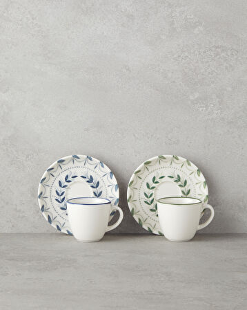 English Home Petally Bone Porselen 4 Parça 2 Kişilik Kahve Fincan Takımı 90 ml Mavi-yeşil