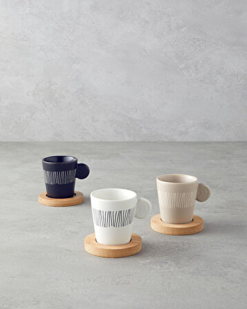 Bona Stoneware 6 Parça 3 Kişilik Kahve Fincan Takımı 70 ml Siyah-Beyaz-Bej