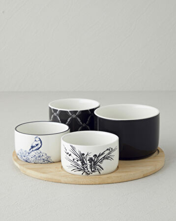 Floral Grace Stoneware 5 Parça Sunumluk 25 cm Siyah - Beyaz