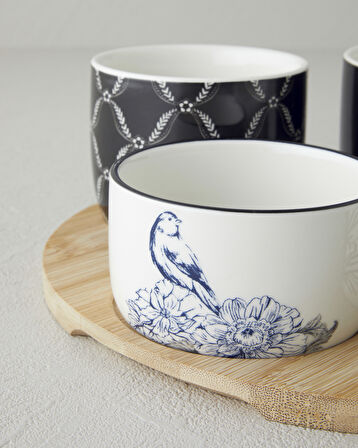 Floral Grace Stoneware 5 Parça Sunumluk 25 cm Siyah - Beyaz