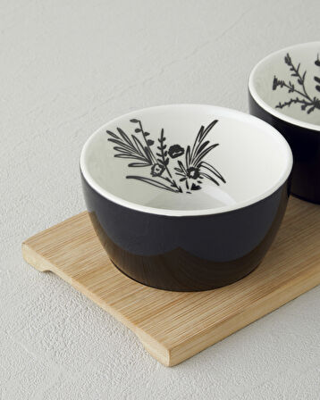 Floral Grace Stoneware 4 Parça Sunumluk 9,5x5 cm Siyah - Beyaz