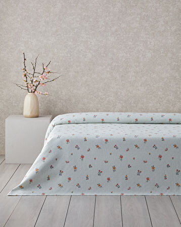 Floral Plaid Baskılı Pamuklu Çift Kişilik Pike 200x220 cm Yeşil