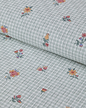 Floral Plaid Baskılı Pamuklu Çift Kişilik Pike 200x220 cm Yeşil