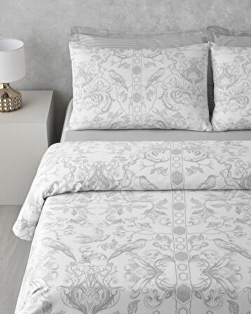 Dainty Bird Pamuk Saten Çift Kişilik Nevresim Takımı 200x220 cm Gümüş