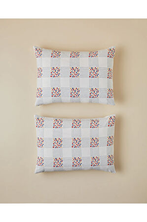 Daisy Plaid Kolay Ütülenir 2'li Yastık Kılıfı 50x70 cm Kırmızı - Mavi