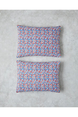 Flower Blast Kolay Ütülenir 2'li Yastık Kılıfı 50x70 cm Kırmızı - Mavi