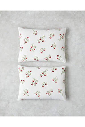 Cherry Blossom Kolay Ütülenir 2'li Yastık Kılıfı 50x70 cm Beyaz - Kırmızı