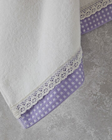 Petite Checked Pamuklu Kroşeli Yüz Havlusu 50x80 cm Ekru - Lila