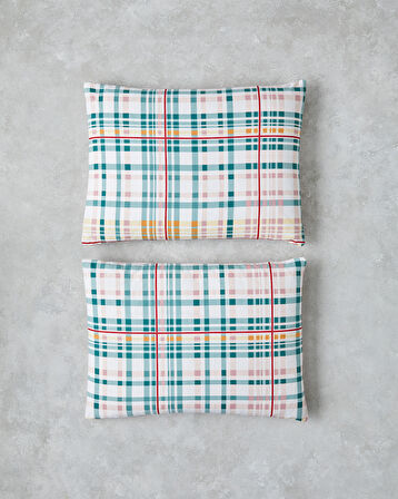 Geo Plaid Pamuklu 2'li Yastık Kılıfı 50x70 cm Yeşil-Pembe