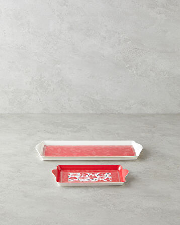 Pink Flowers Melamin 2'li Tepsi 36x16 cm + 24x14 cm Pembe