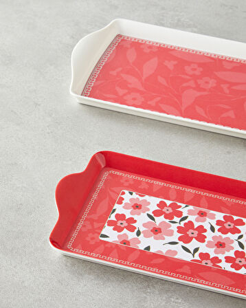 Pink Flowers Melamin 2'li Tepsi 36x16 cm + 24x14 cm Pembe
