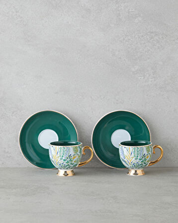 Leafora New Bone China 4 Parça 2 Kişilik Kahve Fincan Takımı 100 ml Yeşil-Mavi