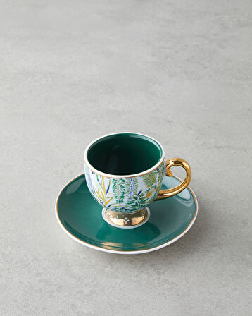 Leafora New Bone China 4 Parça 2 Kişilik Kahve Fincan Takımı 100 ml Yeşil-Mavi