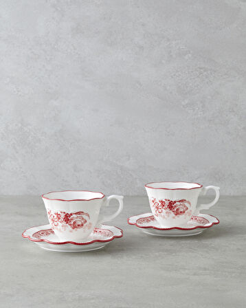 Carmine Porselen 4 Parça 2 Kişilik Çay Fincanı Takımı 200 ml Kırmızı - Beyaz