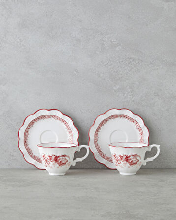 Carmine Porselen 4 Parça 2 Kişilik Çay Fincanı Takımı 200 ml Kırmızı - Beyaz
