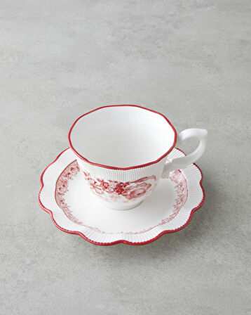Carmine Porselen 4 Parça 2 Kişilik Çay Fincanı Takımı 200 ml Kırmızı - Beyaz