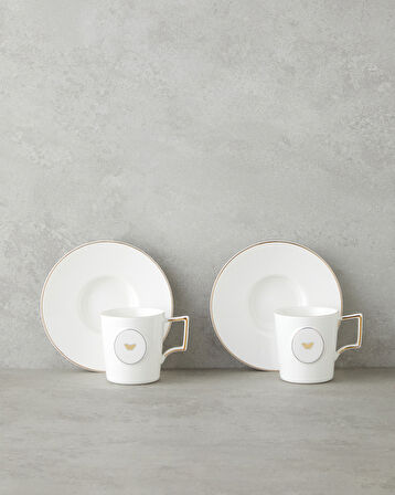 Charmed Glow Porselen 4 Parça 2 Kişilik Double Kahve Fincan Takımı 155 ml Beyaz-Gold