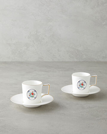 Charmed Bloom Porselen 4 Parça 2 Kişilik Double Kahve Fincan Takımı 155 ml Beyaz-Gold