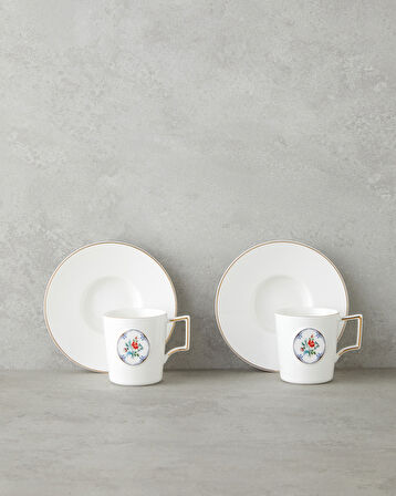 Charmed Bloom Porselen 4 Parça 2 Kişilik Double Kahve Fincan Takımı 155 ml Beyaz-Gold