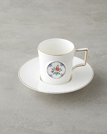 Charmed Bloom Porselen 4 Parça 2 Kişilik Double Kahve Fincan Takımı 155 ml Beyaz-Gold