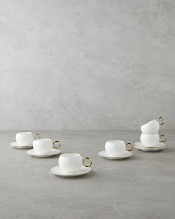 Moonlit Porselen 12 Parça 6 Kişilik Kahve Fincan Takımı 90 ml Beyaz-Gold