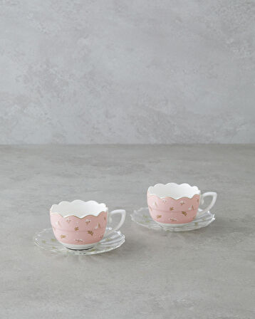 Charming New Bone China 4 Parça 2 Kişilik Cam Tabaklı Kahve Fincan Takımı 80 ml Pembe - Yeşil