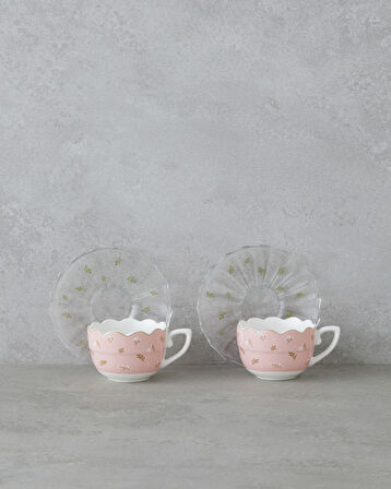 Charming New Bone China 4 Parça 2 Kişilik Cam Tabaklı Kahve Fincan Takımı 80 ml Pembe - Yeşil